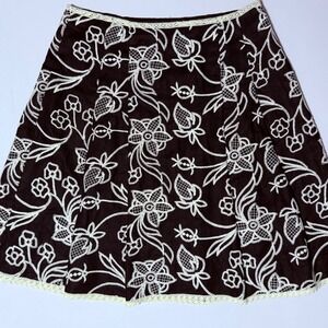 S5A Saks Fifth Avenue Black Linen Embroidered Pleated A Line Skirt‎ Lace Trim 16